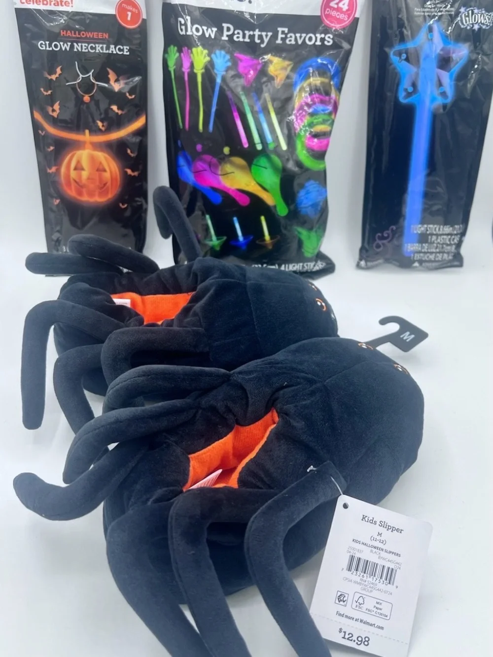 Celebrate Halloween Kids Black Spider Critter Slippers M (11-12) & Glow Toy Lot